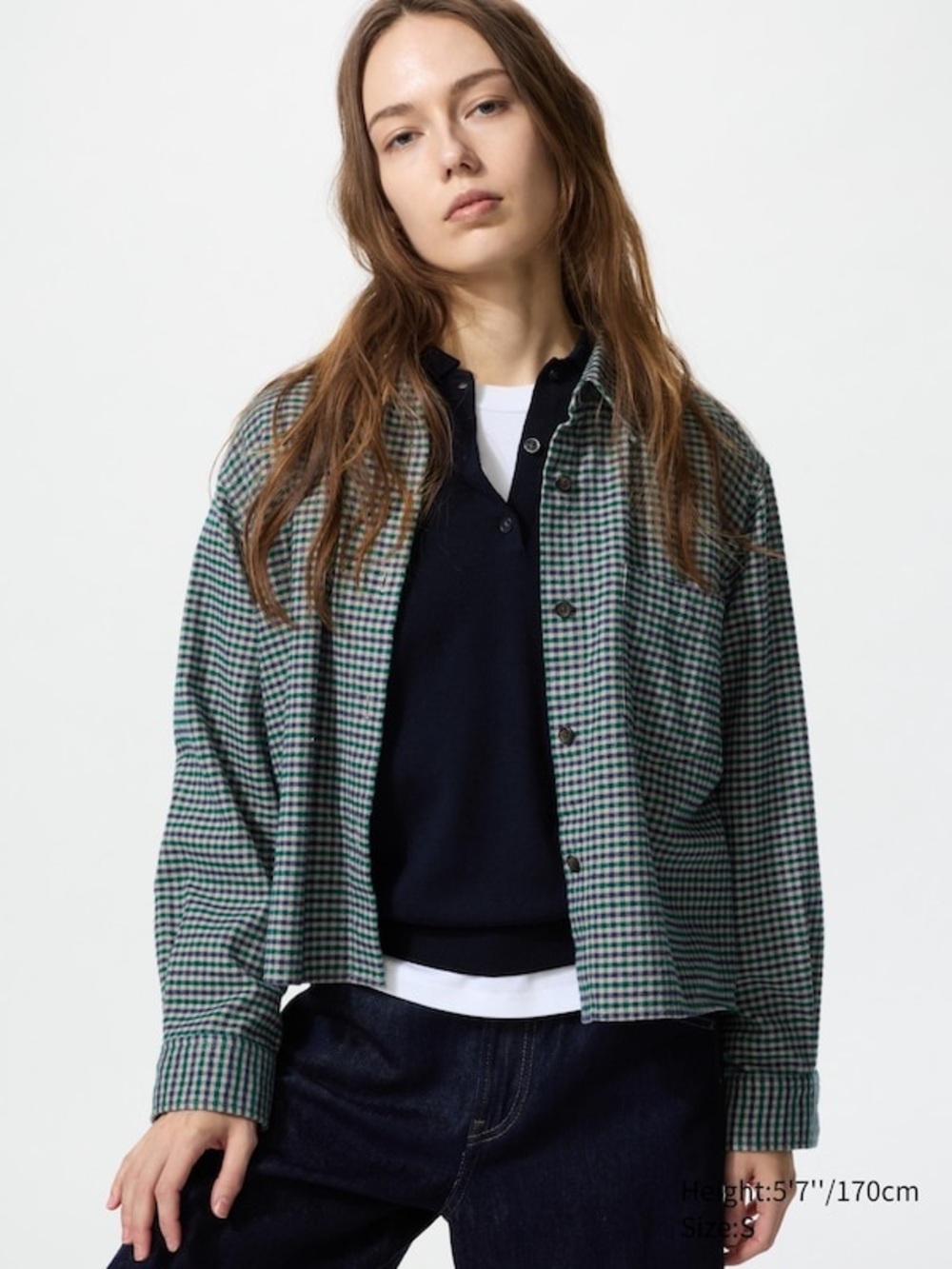 Checked Crop Button-Front Jean Jacket in Green & Black Uniqlo